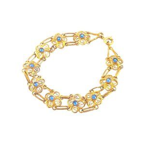 Vintage Gold-Plated Floral Bracelet With Blue Gemstone Accents